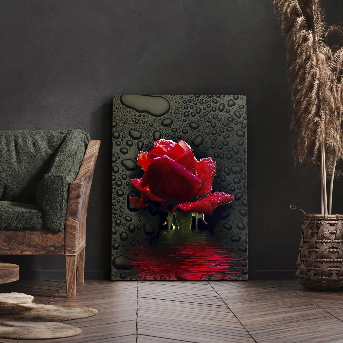 Impression sur toile - Image sur toile - Rose rouge avec des gouttes d'eau sur un fond sombre - 50x70cm - Rouge et noir - Décoration murale moderne pour le salon et la chambre ARTTOR
