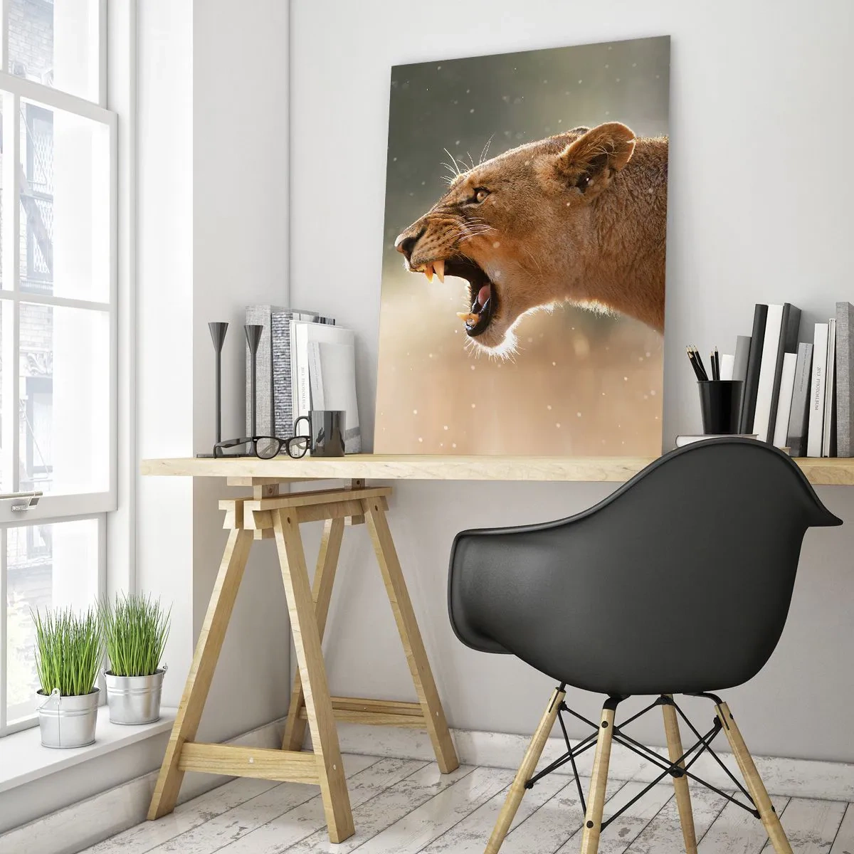 Impression sur verre - Image sur verre - Portrait d'une lionne rugissante à la lumière naturelle - 80x120cm - Essayez  de ne pas écouter - Décoration murale moderne pour le salon et la chambre ARTTOR