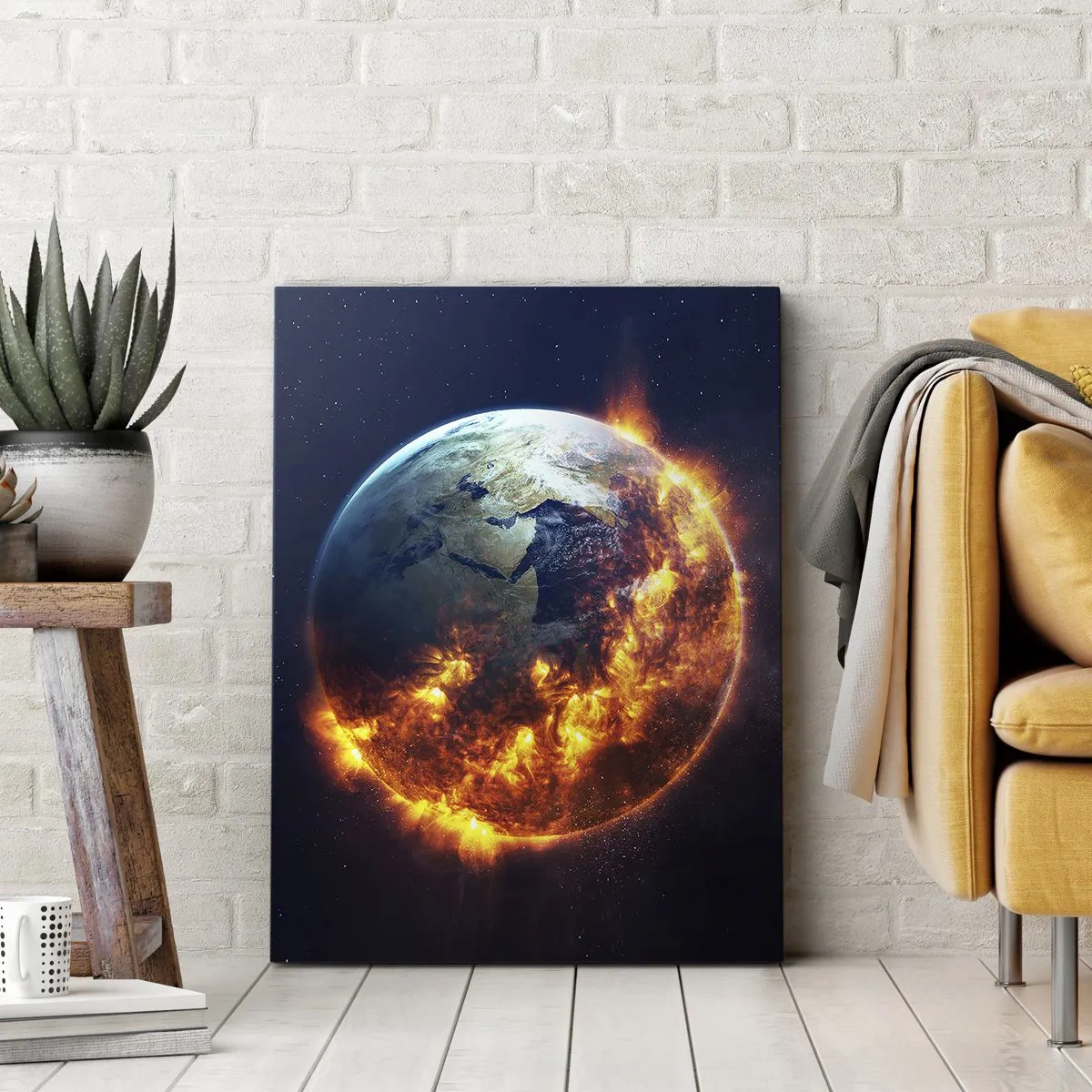 Impression sur toile - Image sur toile - La planète Terre en feu dans l'espace - 50x70cm - La flamme de l'apocalypse - Décoration murale moderne pour le salon et la chambre ARTTOR