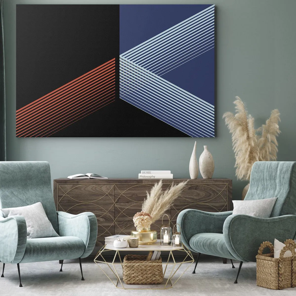Impression sur toile - Image sur toile - Lignes géométriques dans les tons de rouge et de bleu - 70x50cm - Histoire simple - Décoration murale moderne pour le salon et la chambre ARTTOR