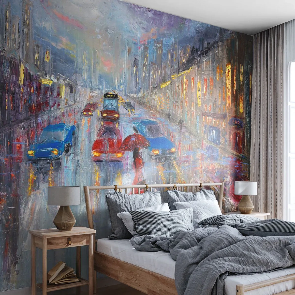 Papier Peint Photo Premium Sand - Rue nocturne impressionniste avec une silhouette sous un parapluie rouge - 100x70cm - Après-midi pluvieux en ville - Décoration murale moderne pour le salon et la chambre ARTTOR