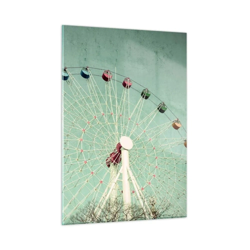 Impression sur verre - Image sur verre - Une grande roue colorée sur un fond vert pastel - 50x70cm - Nous vous invitons à vous amuser - Décoration murale moderne pour le salon et la chambre ARTTOR