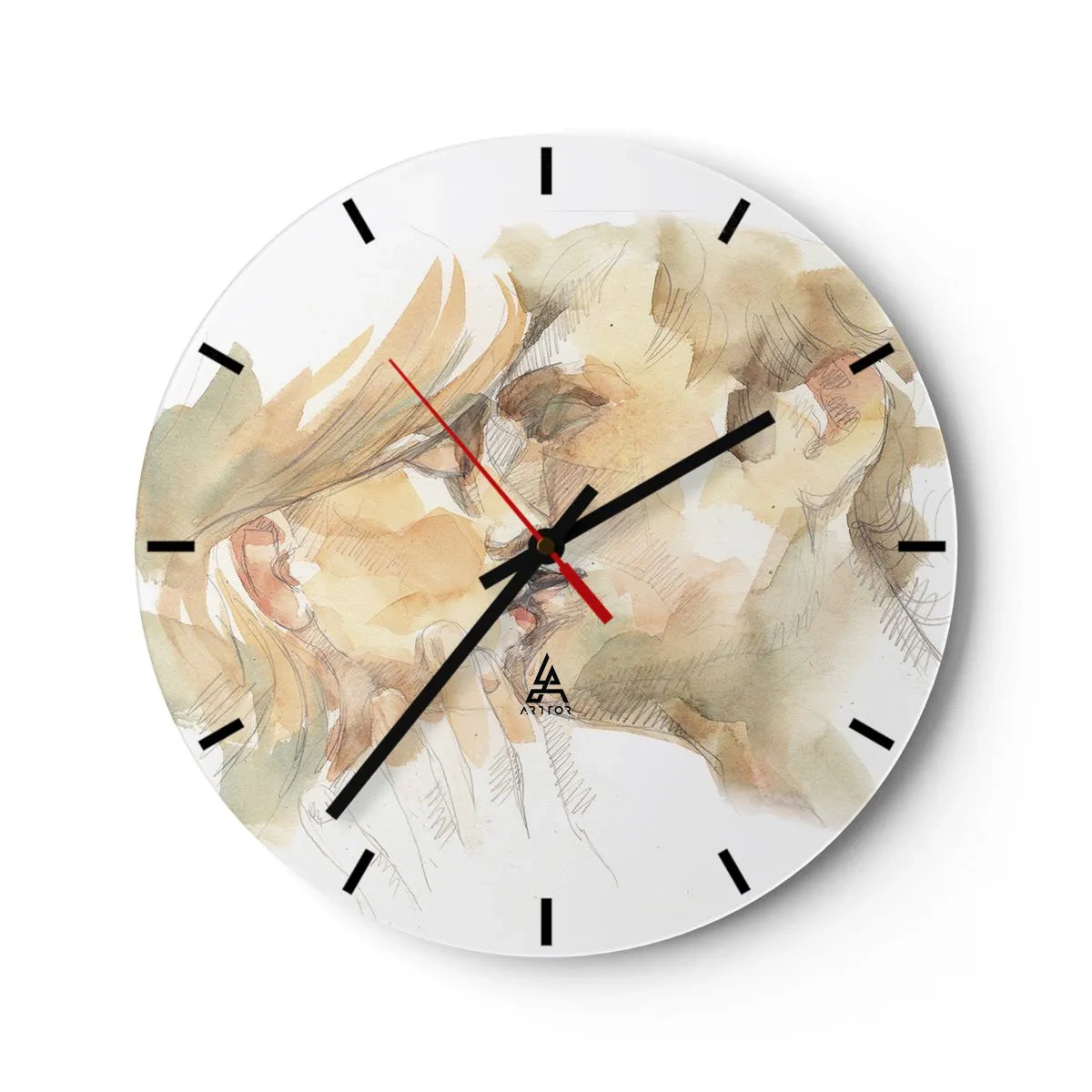 Horloge murale - Pendule murale - Un portrait à l'aquarelle aux tons pastel d'un couple qui s'embrasse - 30x30cm - A moitié trouvé ? - Décoration murale moderne pour le salon, la cuisine et la chambre ARTTOR