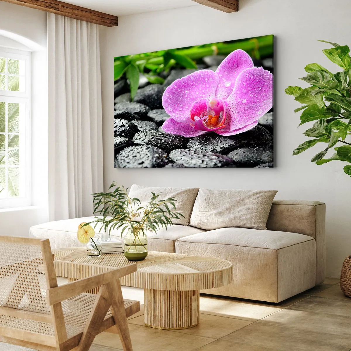 Impression sur toile - Image sur toile - Orchidée rose sur des pierres noires humides avec des feuilles vertes - 70x50cm - Comme un coeur ouvert - Décoration murale moderne pour le salon et la chambre ARTTOR