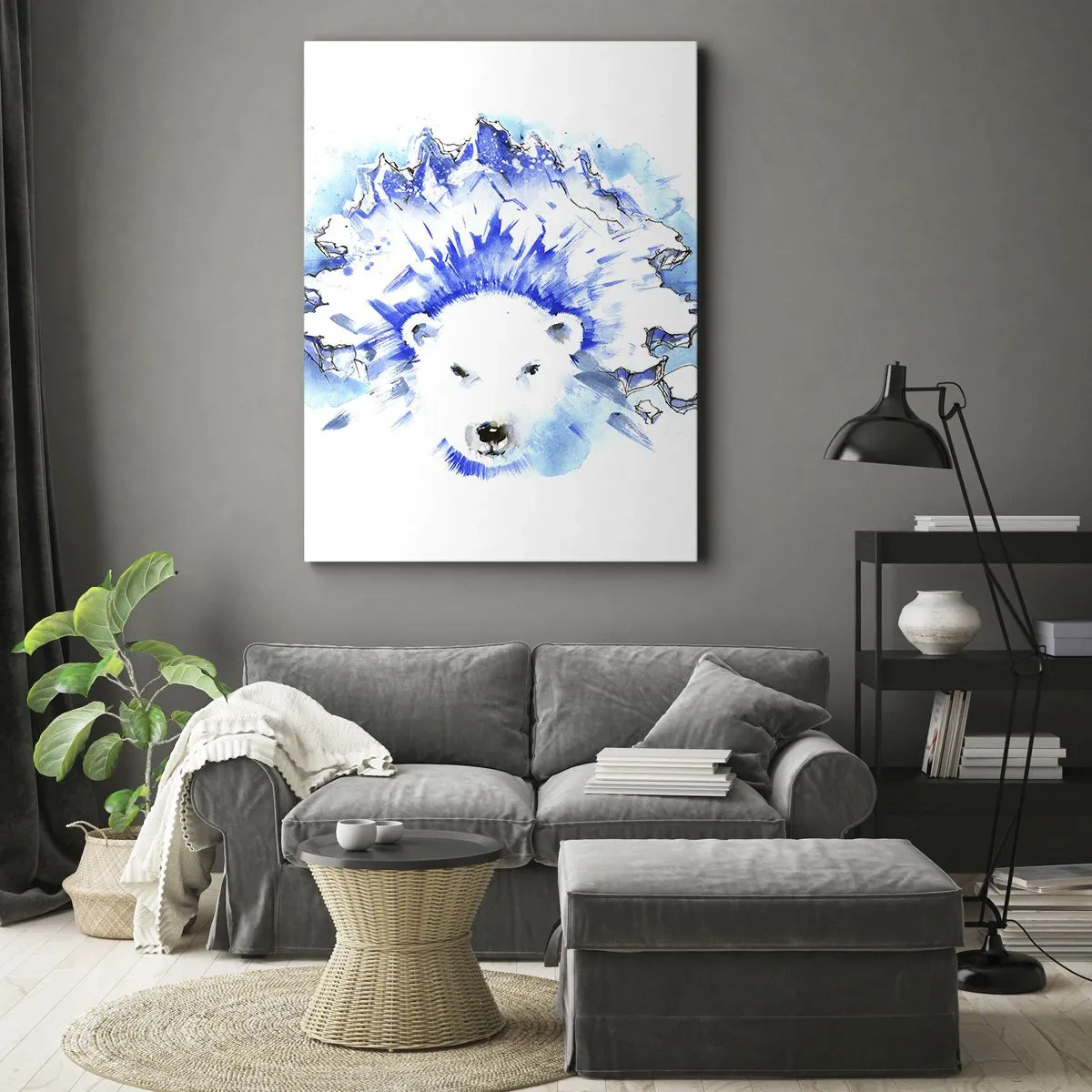 Impression sur toile - Image sur toile - Aquarelle artistique représentant un ours polaire avec un motif glacé - 50x70cm - Le roi de l'Arctique dans une couronne de glace - Décoration murale moderne pour le salon et la chambre ARTTOR