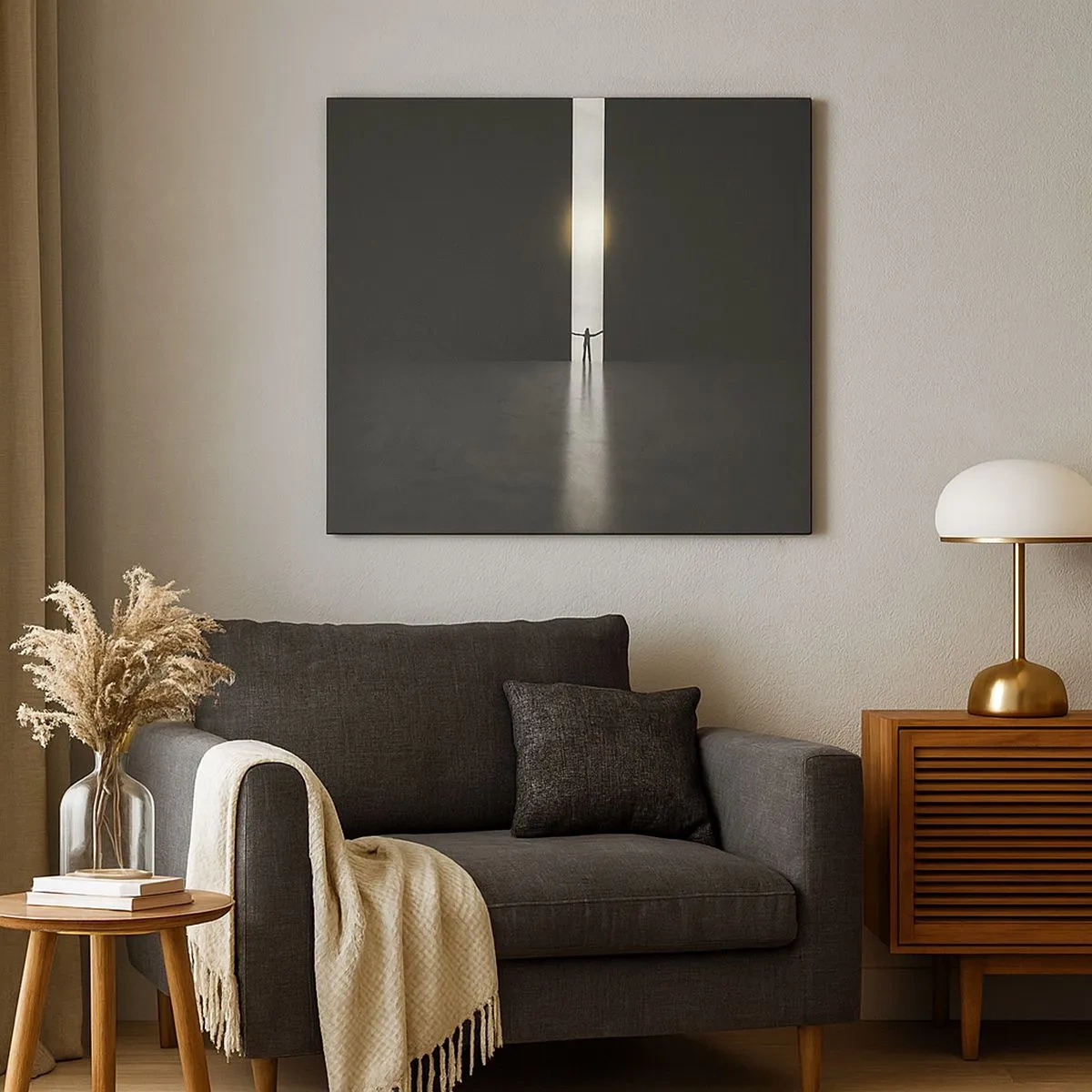 Impression sur toile - Image sur toile - Un homme debout dans la lumière d'une fente étroite dans un espace sombre - 70x50cm - Étape vers un avenir radieux - Décoration murale moderne pour le salon et la chambre ARTTOR