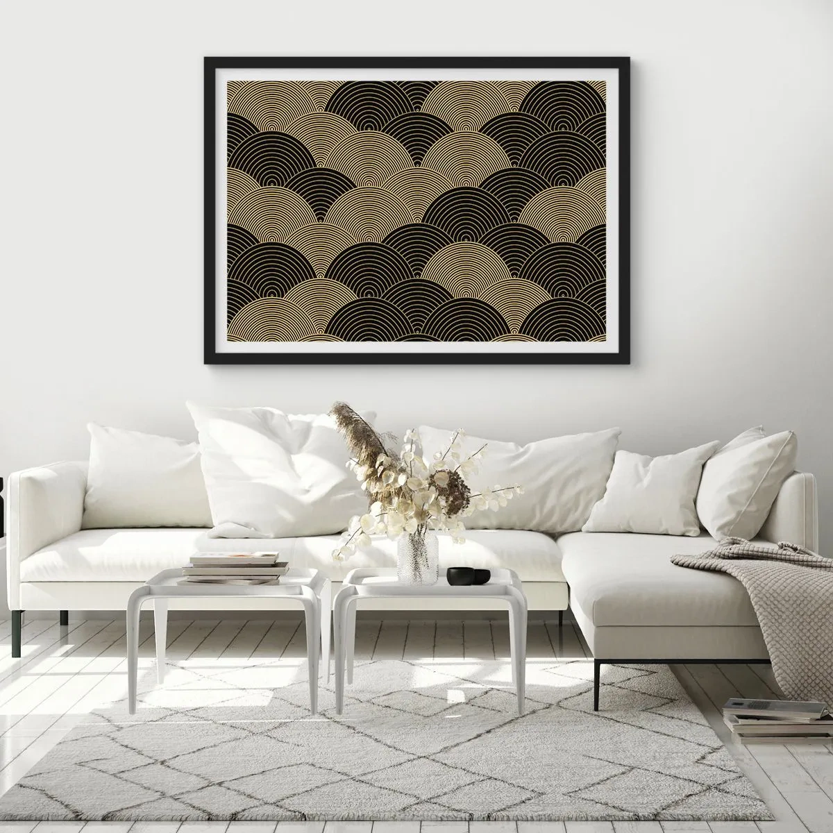 Affiche dans un cadre noir - Poster - Motif Art Déco avec demi-cercles et lignes dorées - 100x70cm - Unité dans la multiplicité - Décoration murale moderne pour le salon et la chambre ARTTOR