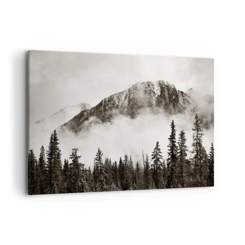 Impression sur toile - Image sur toile - Un sommet de montagne pittoresque entouré de brouillard et d'une forêt aux tons sépia - 120x80cm - Seigneur de granite - Décoration murale moderne pour le salon et la chambre ARTTOR