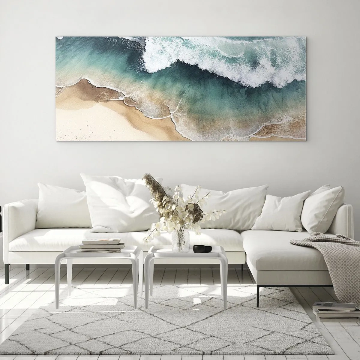Impression sur verre - Image sur verre - Vue sur la plage et les vagues de la mer dans des tons turquoise - 140x50cm - La rencontre éternelle - Décoration murale moderne pour le salon et la chambre ARTTOR