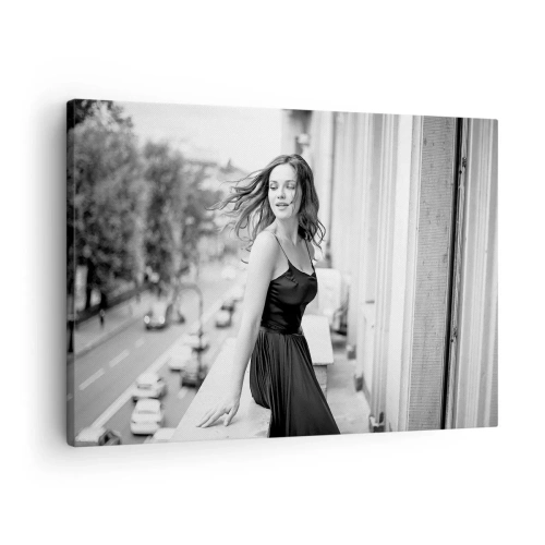 Impression sur toile - Image sur toile - Photo en noir et blanc d'une femme sur un balcon - 70x50cm - Certainement un Parisien - Décoration murale moderne pour le salon et la chambre ARTTOR