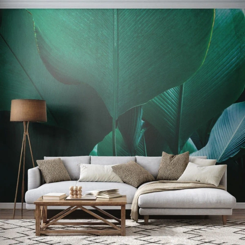 Papier Peint Photo Premium Sand - Feuilles tropicales vertes en gros plan - 100x70cm - Tourné vers la lumière - Décoration murale moderne pour le salon et la chambre ARTTOR