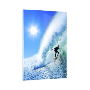 Impression sur verre - Image sur verre - Un surfeur sur une planche chevauche une vague puissante sous un ciel bleu. - 80x120cm - A travers le grand ciel bleu - Décoration murale moderne pour le salon et la chambre ARTTOR