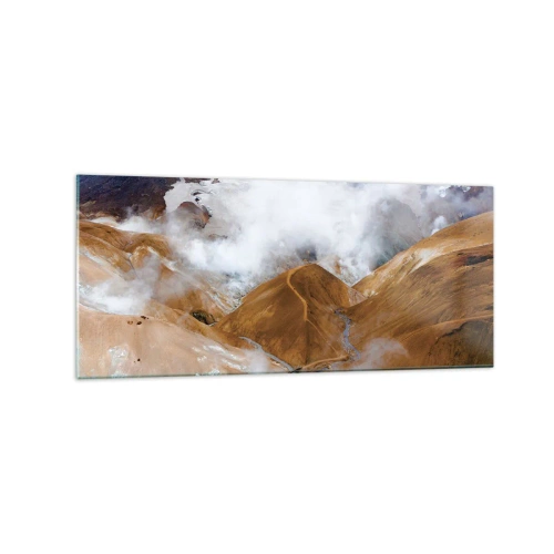 Impression sur verre - Image sur verre - Un paysage de montagne avec de la vapeur dans un climat rigoureux - 120x50cm - Le charme brut de l'Islande - Décoration murale moderne pour le salon et la chambre ARTTOR