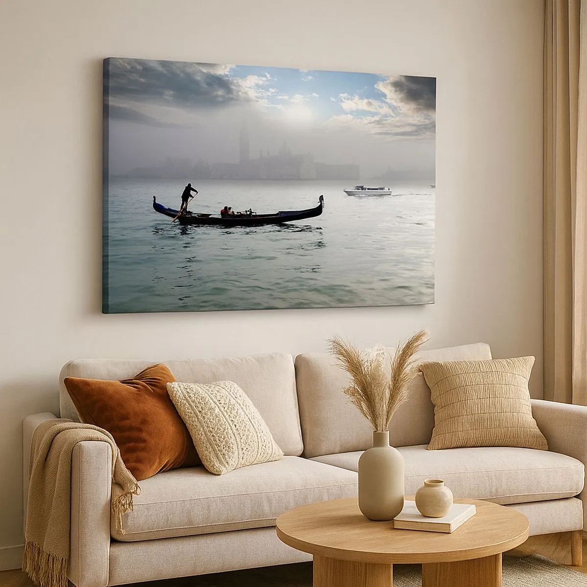 Impression sur toile - Image sur toile - Une gondole glisse sur les eaux de Venise par un matin brumeux, surplombant la ville. - 70x50cm - Une ville fabuleuse faite d'eau et de brouillard - Décoration murale moderne pour le salon et la chambre ARTTOR