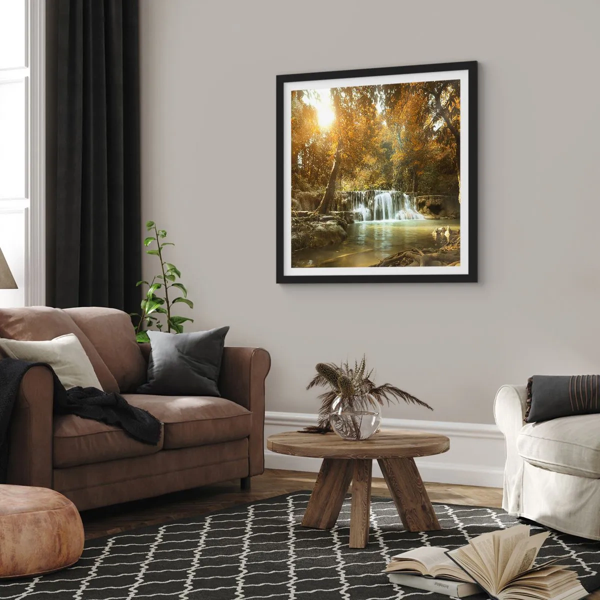 Affiche dans un cadre noir - Poster - Cascade du parc - 30x30 cm
