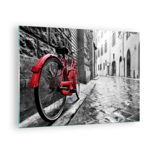 Impression sur verre - Image sur verre - Un vélo rouge sur une rue pavée avec un fond monochrome. - 70x50cm - La vraie beauté ne vieillit pas - Décoration murale moderne pour le salon et la chambre ARTTOR