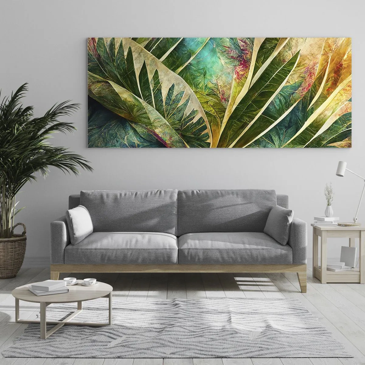 Impression sur verre - Image sur verre - Feuilles tropicales colorées sur fond clair - 160x50cm - Les couleurs des tropiques - Décoration murale moderne pour le salon et la chambre ARTTOR