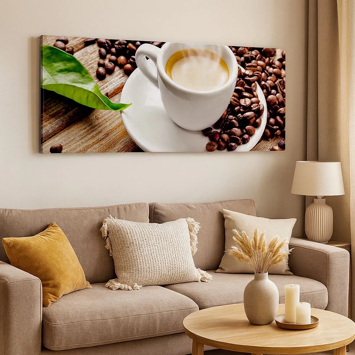 Impression sur toile - Image sur toile - Café sur un banc - 100x40 cm