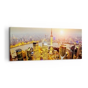 Impression sur toile - Image sur toile - Panorama de la ville avec des gratte-ciels au coucher du soleil - 120x50cm - Rêve asiatique - Décoration murale moderne pour le salon et la chambre ARTTOR
