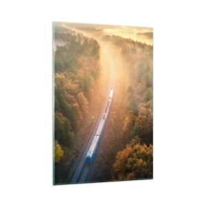Impression sur verre - Image sur verre - Un train dans une forêt d'automne à l'aube - 80x120cm - Voyage printannier - Décoration murale moderne pour le salon et la chambre ARTTOR