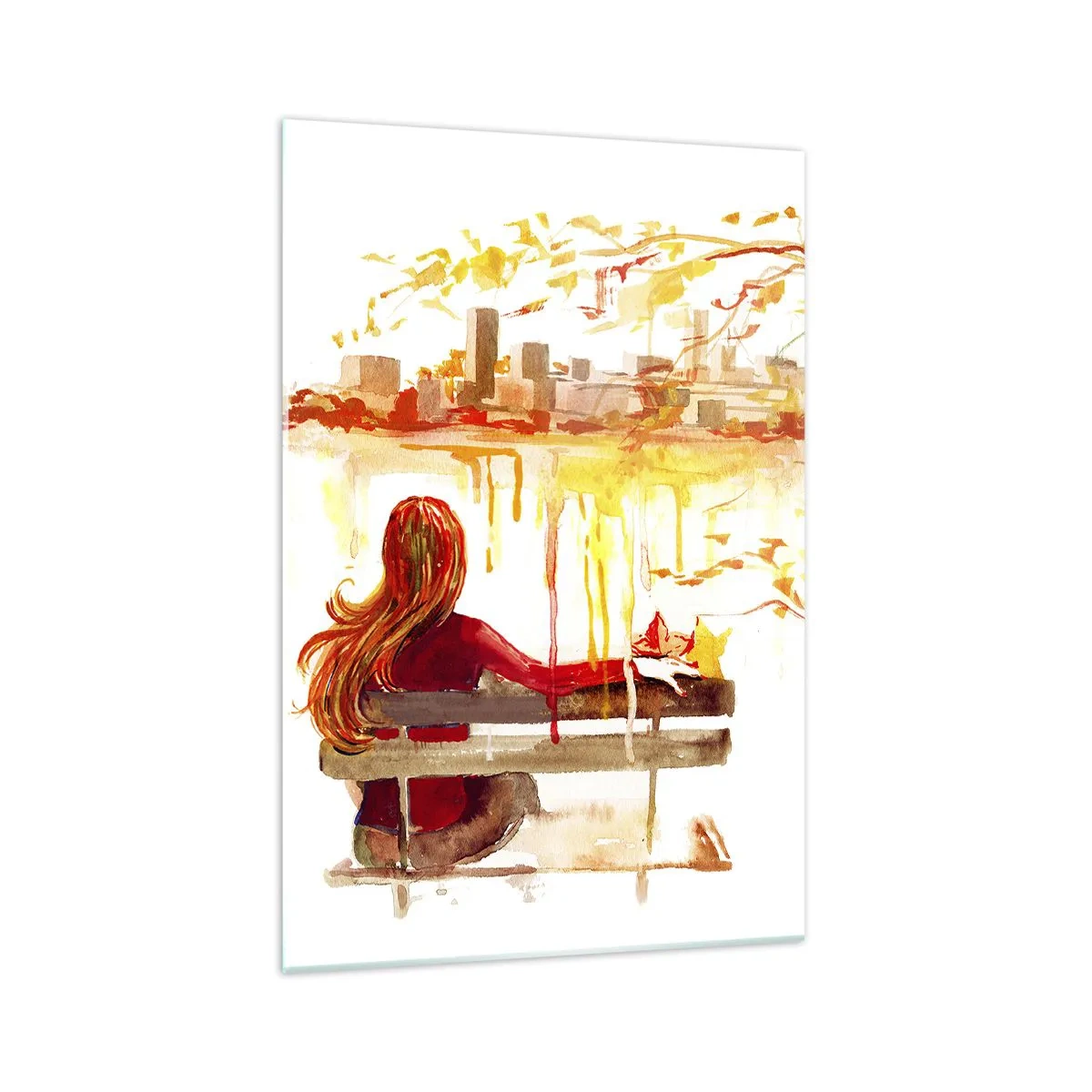 Impression sur verre - Image sur verre - Scène à l'aquarelle d'une femme sur un banc surplombant la ville - 70x100cm - Un moment de réflexion - Décoration murale moderne pour le salon et la chambre ARTTOR