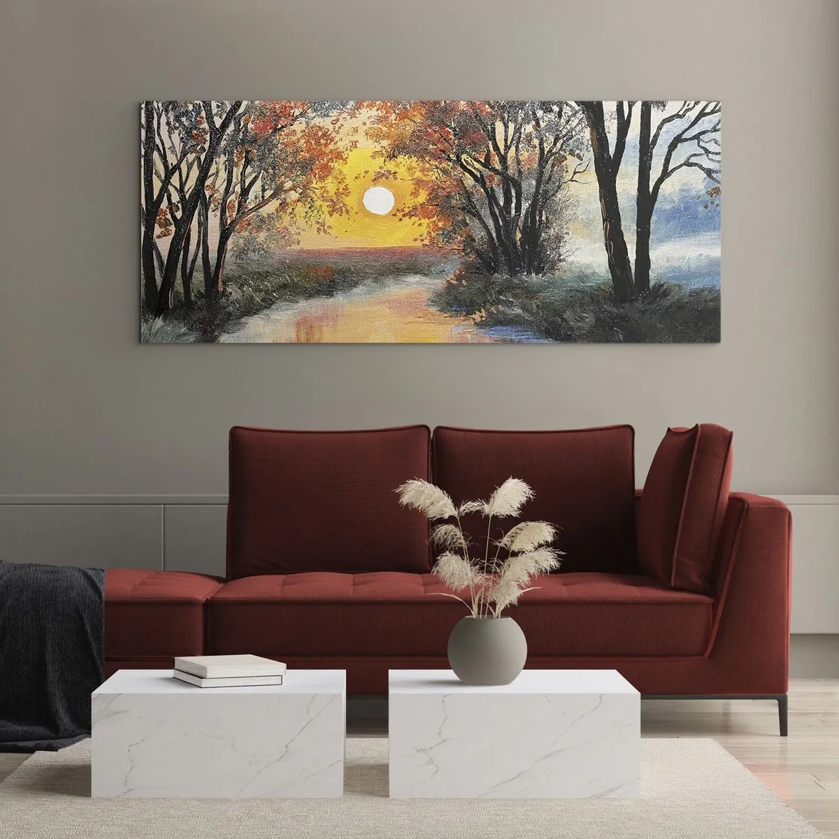 Impression sur verre - Image sur verre - Coucher de soleil sur la rivière dans un paysage d'automne - 120x50cm - Climats de printemps - Décoration murale moderne pour le salon et la chambre ARTTOR