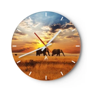 Horloge murale - Pendule murale - Éléphants marchant dans la savane au coucher du soleil - 30x30cm - Déambulation familliale - Décoration murale moderne pour le salon, la cuisine et la chambre ARTTOR