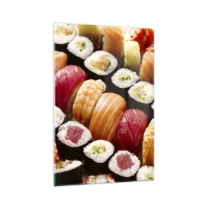 Impression sur verre - Image sur verre - Sushis colorés disposés en rangées avec diverses garnitures - 70x100cm - Couleurs et saveurs d'Asie - Décoration murale moderne pour le salon et la chambre ARTTOR