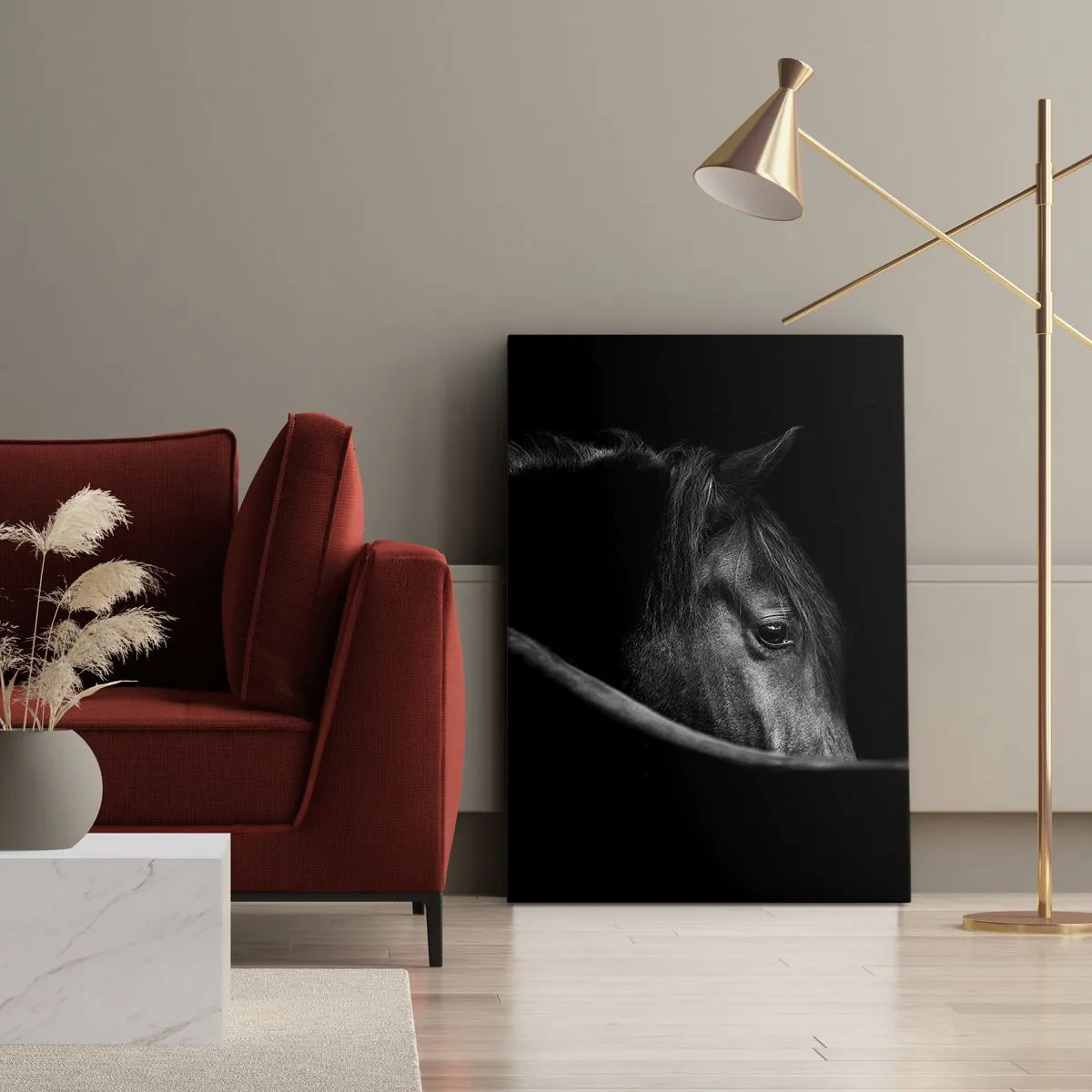 Impression sur toile - Image sur toile - Portrait en noir et blanc d'un cheval avec un jeu subtil de lumière et d'ombre sur un fond sombre. - 50x70cm - Prince Noir - Décoration murale moderne pour le salon et la chambre ARTTOR