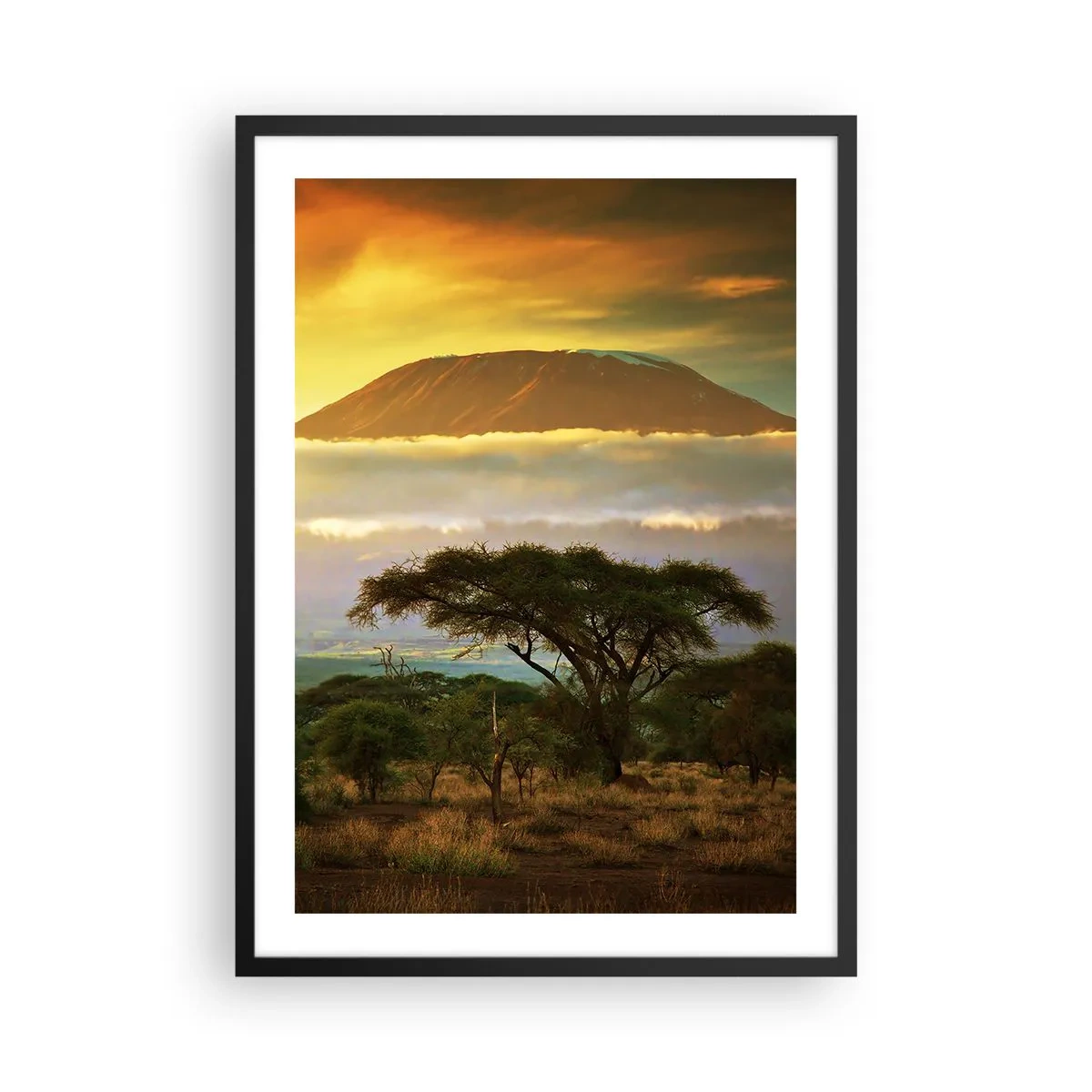 Affiche dans un cadre noir - Poster - Le Kilimandjaro au coucher du soleil dans la savane africaine - 50x70cm - Un rêve de voyageur - Décoration murale moderne pour le salon et la chambre ARTTOR