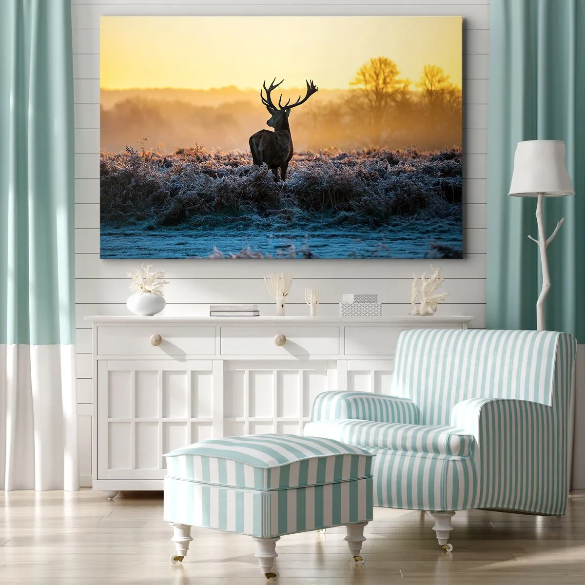 Impression sur toile - Image sur toile - Un cerf dans une clairière gelée au lever du soleil - 100x70cm - Couronné pour sa succession - Décoration murale moderne pour le salon et la chambre ARTTOR