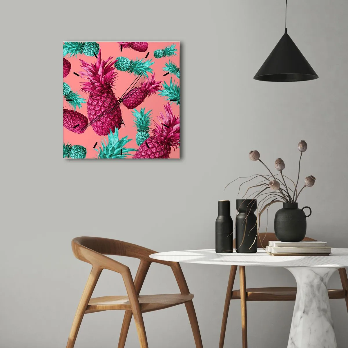 Horloge murale - Pendule murale - Ananas exotiques aux couleurs roses et turquoise - 30x30cm - La liberté est douce - Décoration murale moderne pour le salon et la chambre ARTTOR