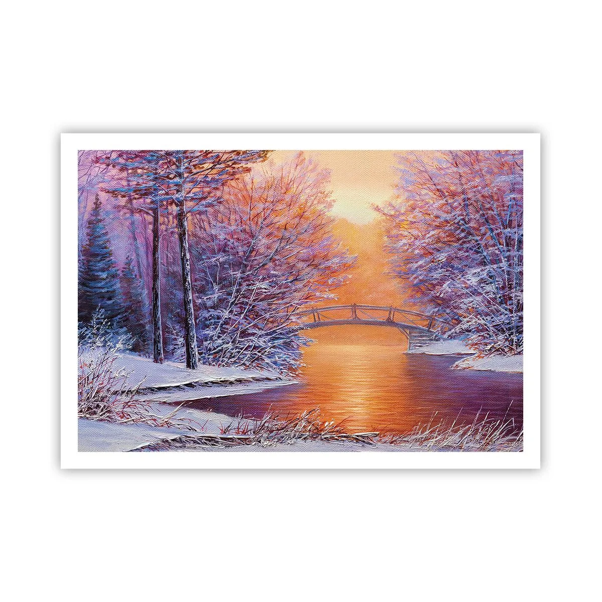 Affiche - Poster - Paysage d'hiver avec un pont et un coucher de soleil - 100x70cm - On se rencontre ici - Décoration murale moderne pour le salon et la chambre ARTTOR