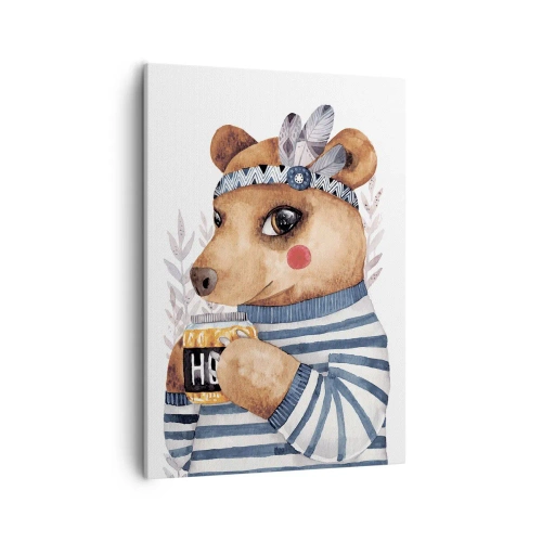 Impression sur toile - Image sur toile - Un ours en peluche dans un pull rayé avec une tasse de miel - 50x70cm - Un nounours trop mignon - Décoration murale moderne pour le salon et la chambre ARTTOR