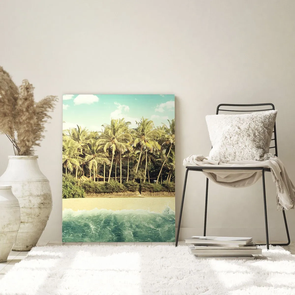 Impression sur verre - Image sur verre - Plage tropicale avec palmiers et mer turquoise - 70x100cm - Peut-être ici? - Décoration murale moderne pour le salon et la chambre ARTTOR