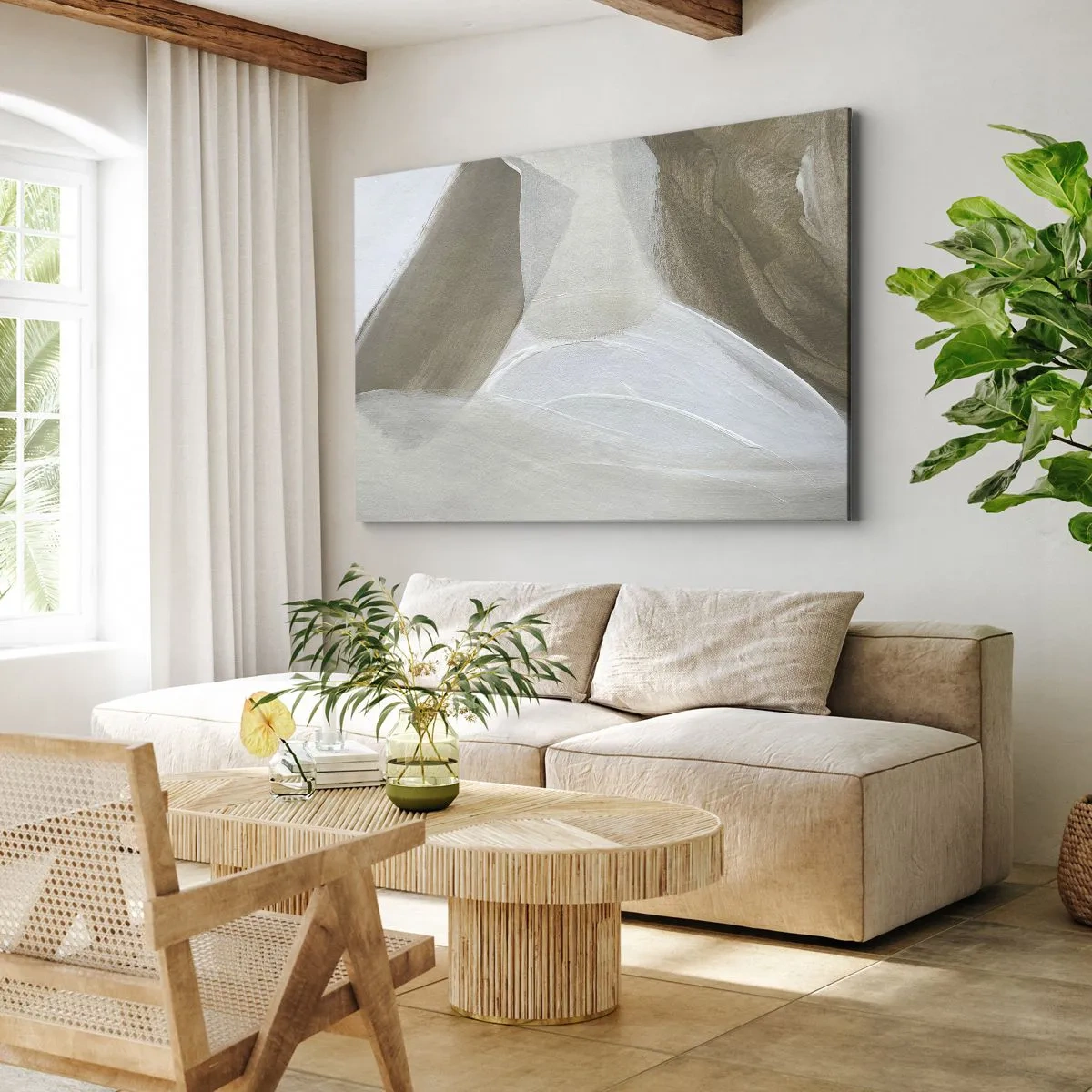 Impression sur toile - Image sur toile - Abstraction délicate dans les tons beige et blanc - 100x70cm - Une vague de blanc - Décoration murale moderne pour le salon et la chambre ARTTOR