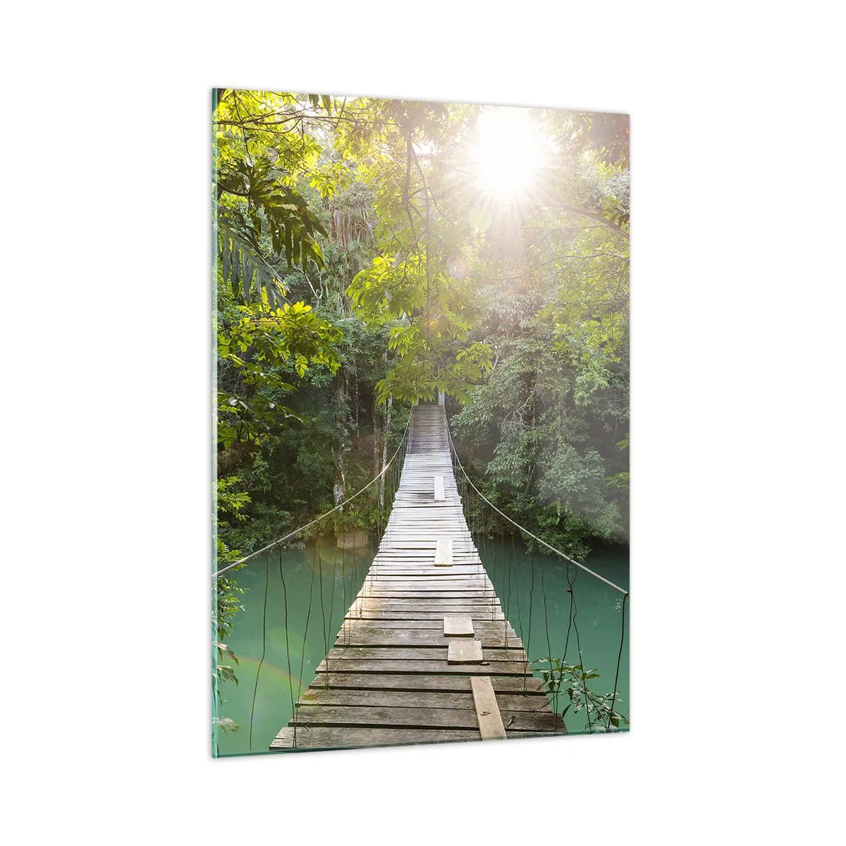 Impression sur verre - Image sur verre - Un pont suspendu dans une forêt tropicale illuminée par la lumière du soleil. - 50x70cm - De l'eau azur à la forêt azur - Décoration murale moderne pour le salon et la chambre ARTTOR