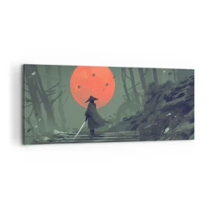 Impression sur toile - Image sur toile - Un guerrier solitaire avec une épée sur fond de lune rouge dans une forêt sombre. - 120x50cm - Guerrier de la lune rouge - Décoration murale moderne pour le salon et la chambre ARTTOR