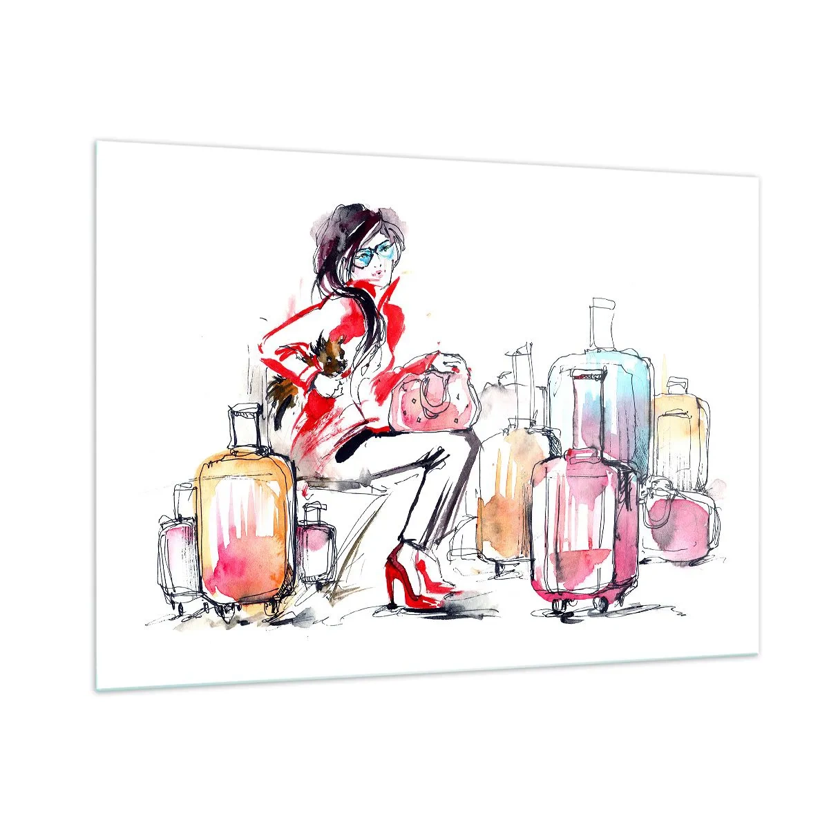 Impression sur verre - Image sur verre - Une femme en manteau rouge entourée de valises dans un style esquissé. - 100x70cm - Asseyons-nous avant le voyage - Décoration murale moderne pour le salon et la chambre ARTTOR