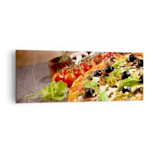 Impression sur toile - Image sur toile - Pizza aux olives, basilic et ingrédients frais sur fond de bois - 140x50cm - Des ingrédients telluriques - Décoration murale moderne pour le salon et la chambre ARTTOR
