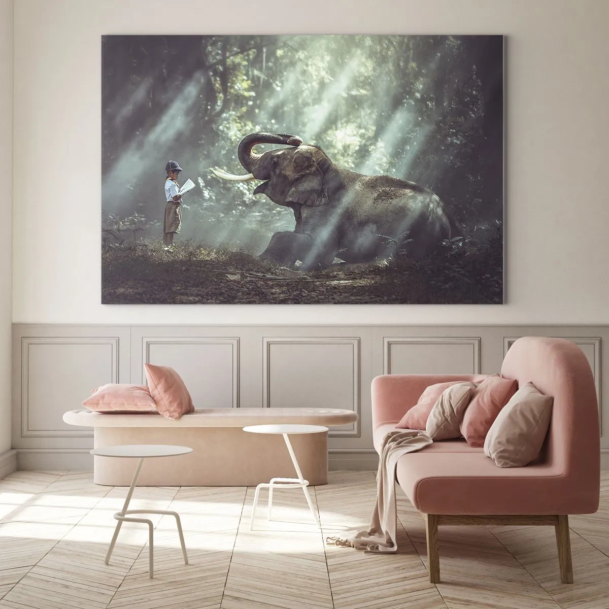 Impression sur verre - Image sur verre - Un garçon avec un livre et un éléphant dans un décor forestier - 120x80cm - Et écoute ça… - Décoration murale moderne pour le salon et la chambre ARTTOR