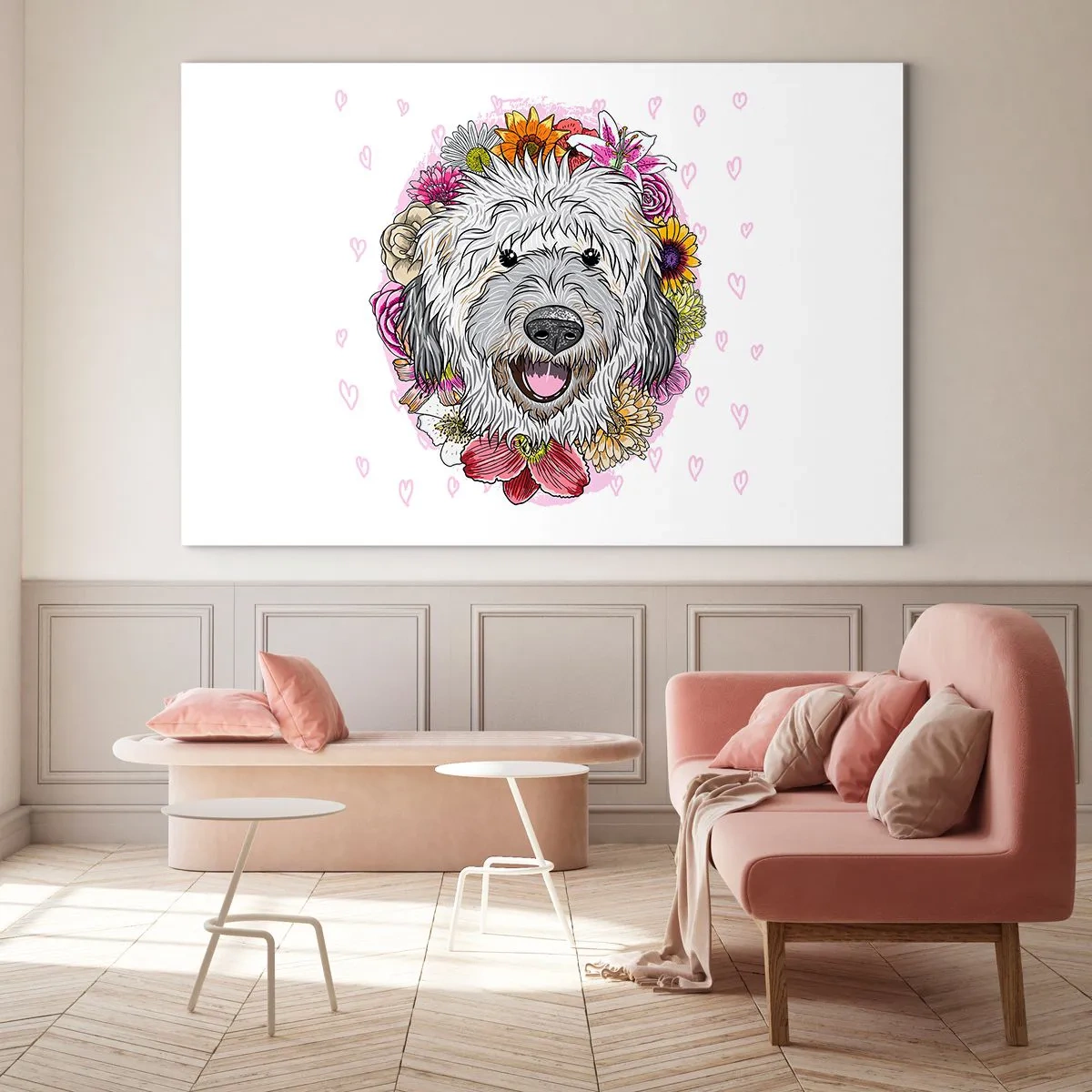 Impression sur verre - Image sur verre - Illustration d'un chien entouré de fleurs - 120x80cm - La joie du chiot - Décoration murale moderne pour le salon et la chambre ARTTOR