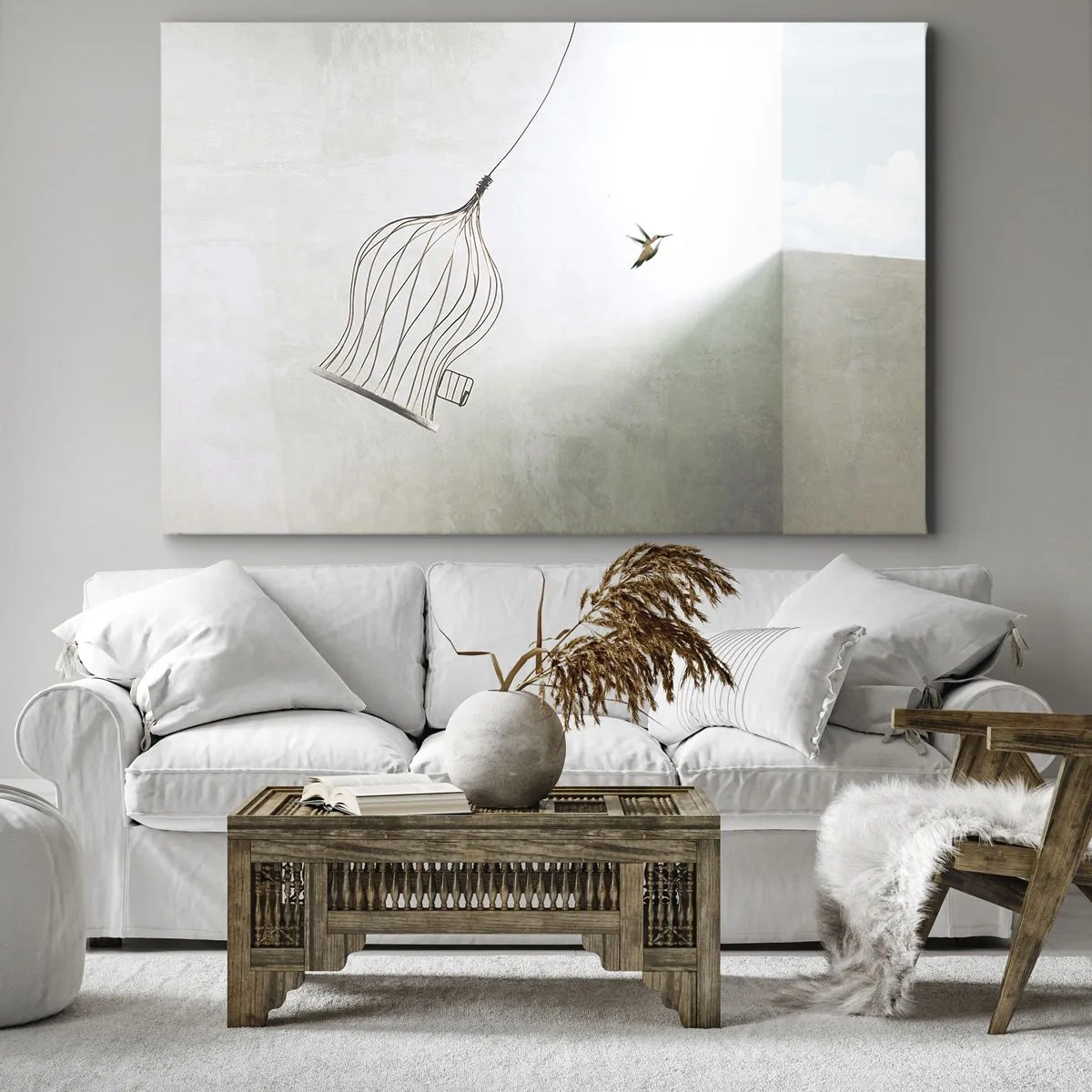 Impression sur toile - Image sur toile - Un oiseau libéré d'une cage sur fond de ciel lumineux - 70x50cm - Dans son élément - Décoration murale moderne pour le salon et la chambre ARTTOR