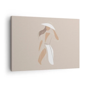 Impression sur toile - Image sur toile - Un dessin minimaliste d'une femme avec un chapeau sur fond beige. - 70x50cm - Lea mode est un jeu - Décoration murale moderne pour le salon et la chambre ARTTOR