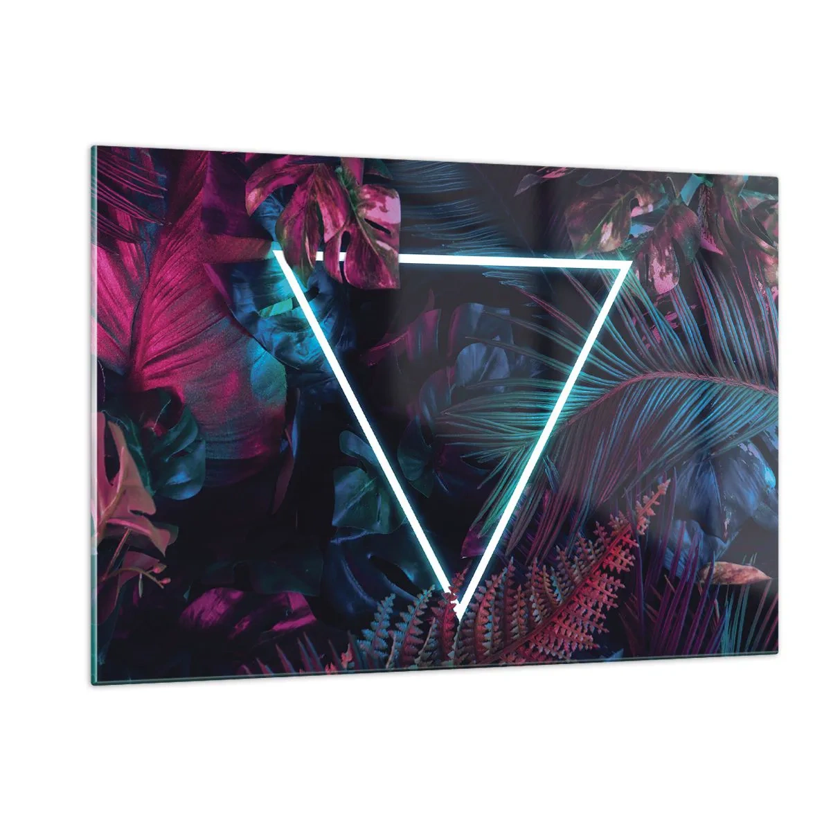 Impression sur verre - Image sur verre - Un triangle néon entouré de plantes tropicales dans des tons de rose et de bleu. - 120x80cm - Jardin de style disco - Décoration murale moderne pour le salon et la chambre ARTTOR