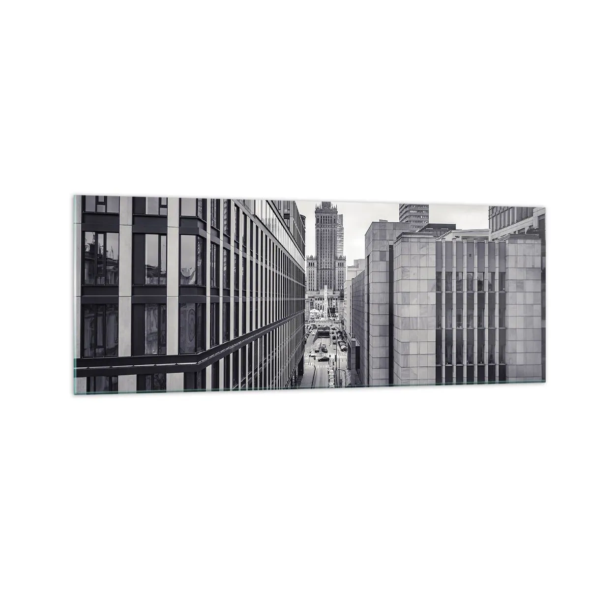 Impression sur verre - Image sur verre - Panorama de Varsovie avec vue sur le Palais de la Culture et les bâtiments environnants - 140x50cm - Vallée de Varsovie - Décoration murale moderne pour le salon et la chambre ARTTOR