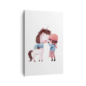 Impression sur toile - Image sur toile - Une fille et une licorne dans un paysage hivernal - 80x120cm - Histoire d'hiver - Décoration murale moderne pour le salon et la chambre ARTTOR