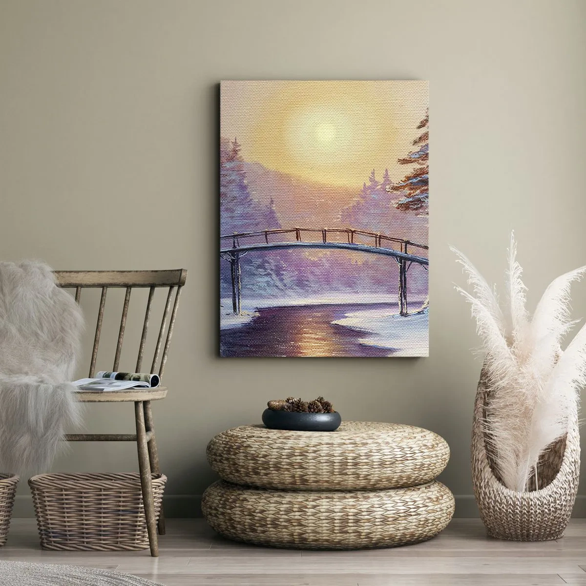 Impression sur toile - Image sur toile - Paysage d'hiver avec un pont illuminé par le coucher du soleil - 50x70cm - Quatre saisons - hiver - Décoration murale moderne pour le salon et la chambre ARTTOR