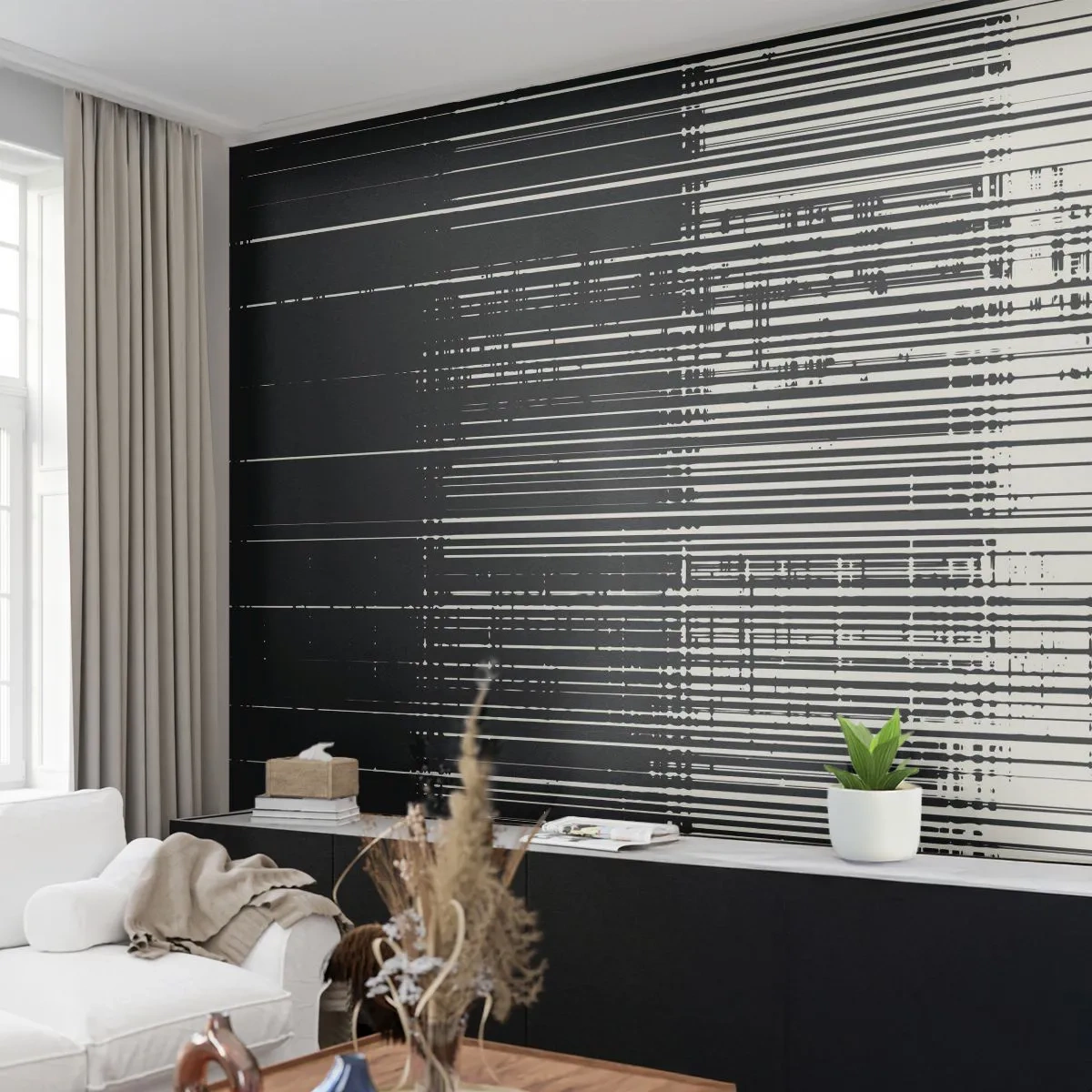 Papier Peint Photo Standard Eco - Ondes et vibrations - Noir et blanc, Codes-barres, Lignes - 450x315 cm