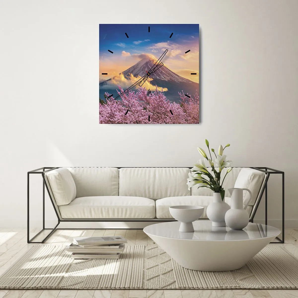 Horloge murale - Pendule murale - Mont Fuji avec des cerisiers en fleurs en arrière-plan au coucher du soleil - 30x30cm - Sainteté japonaise - Décoration murale moderne pour le salon et la chambre ARTTOR